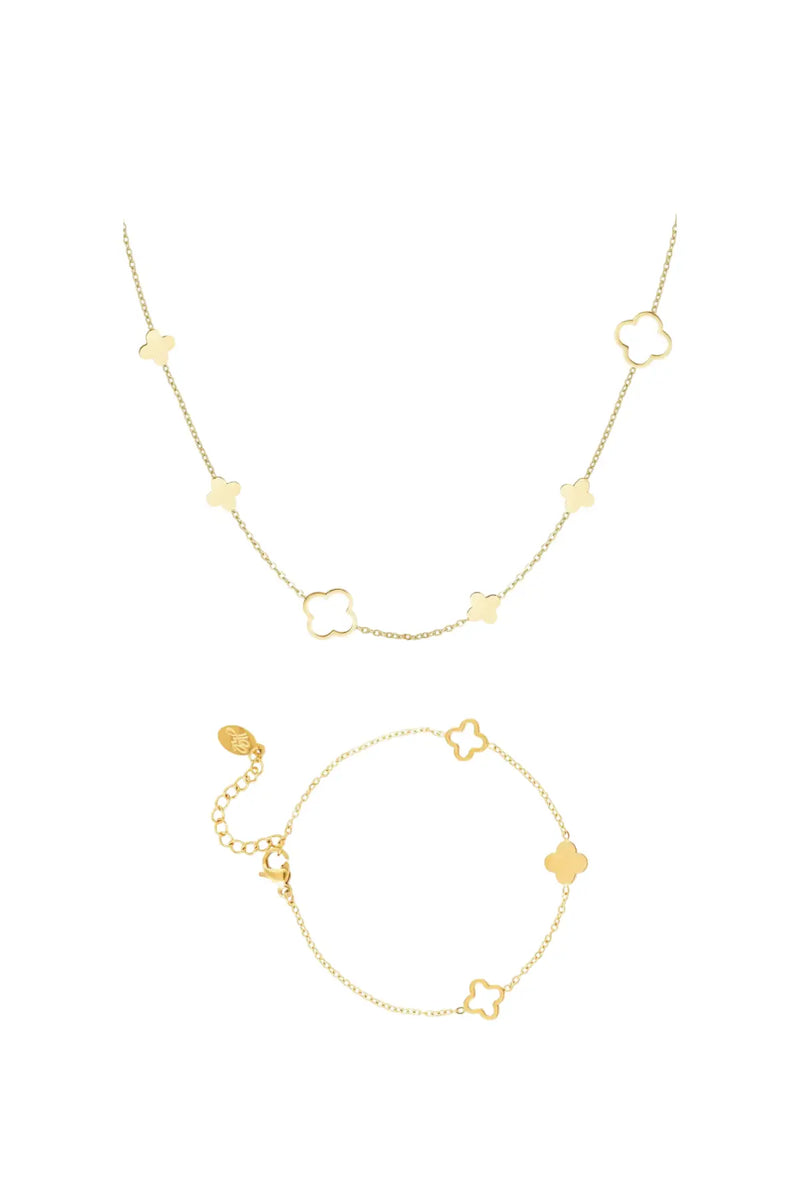 Clover Bloom Set Gold – stainless steel necklace and bracelet with clovers