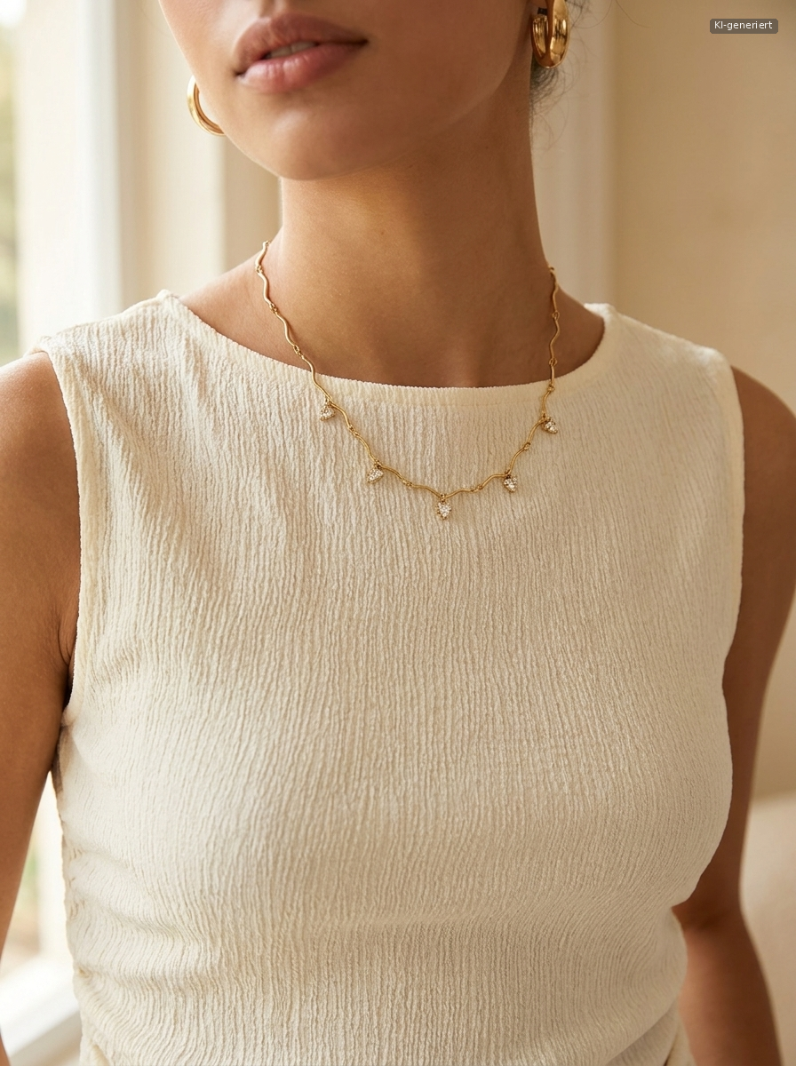 Ocean Curve Necklace Gold getragen (KI-generiert)