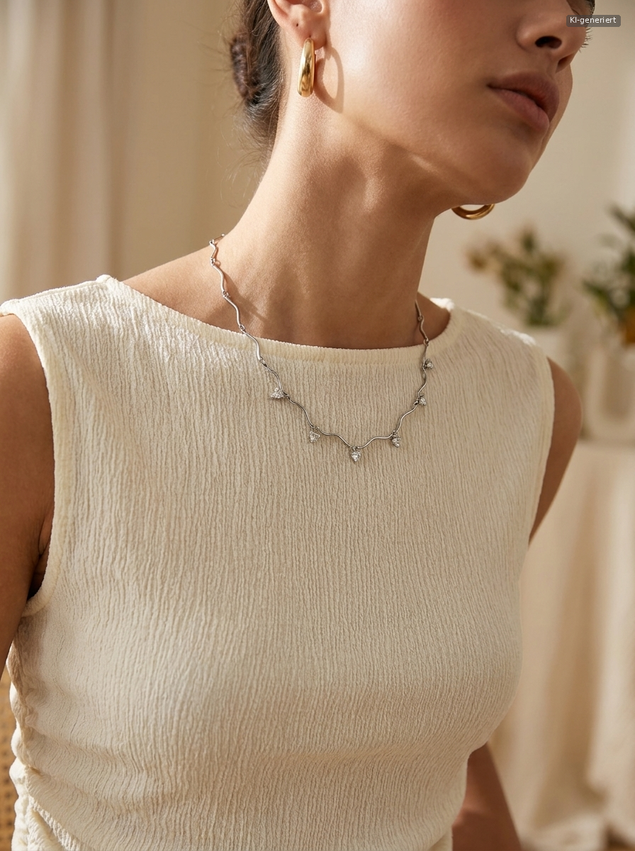 Ocean Curve Necklace Silber getragen (KI-generiert)